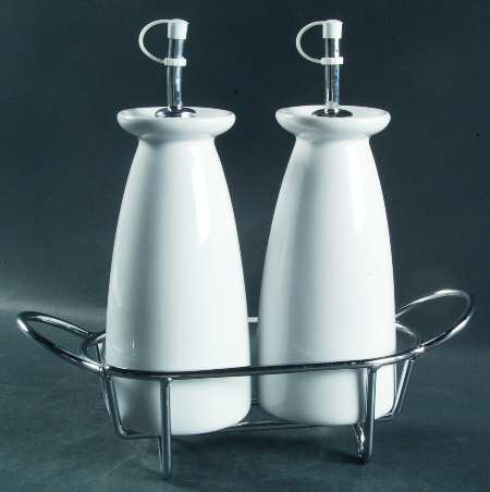 Park Avenue 2 Oil/Vinegars Jars-Drizzle Spouts in Metal Holder