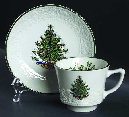Dickens Embossed Christmas (White) Flat Cup & Saucer Set