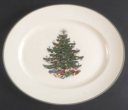 Christmas Tree (Narrow Green Band, Cream, Newer) 14" Oval Serving Platter