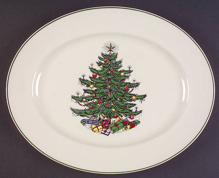 Christmas Tree (Narrow Green Band, Cream, Newer) 13" Oval Serving Platter