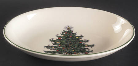 Christmas Tree (Narrow Green Band, Cream, Newer) 10" Oval Vegetable Bowl