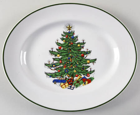 Christmas Tree (Narrow Green Band, Cream, Newer) 11" Oval Serving Platter