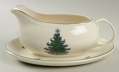 Christmas Tree (Narrow Green Band, Cream, Newer) Gravy Boat & Underplate/Relish
