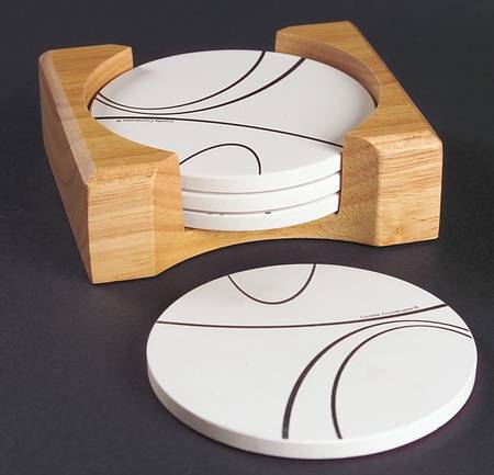 Simple Lines (Corelle) Round (Thirsty) Stone Coaster with Holder - Set of 4