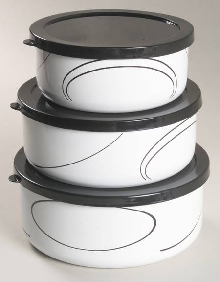 Simple Lines (Corelle) (3 Piece) Metal Bowl W/Plastic Lids (5", 6", 7")