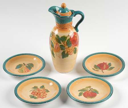 Tivoli Oil Jar/Cruet with Lid and 4 Motif Dip Bowls
