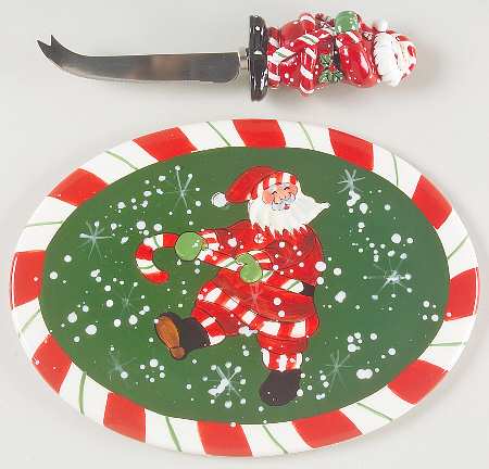 Peppermint Santa Oval Cheese Plate with Knife