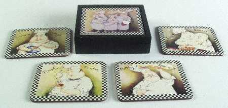 A la Carte Chefs Rectangular Corkback Coaster with Box - Set of 4