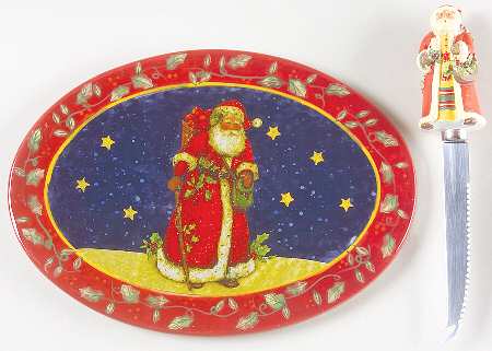 Victorian Santa Oval Cheese Plate with Knife
