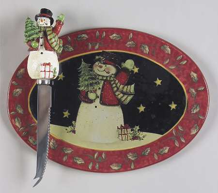 Victorian Snowman Oval Cheese Plate with Knife