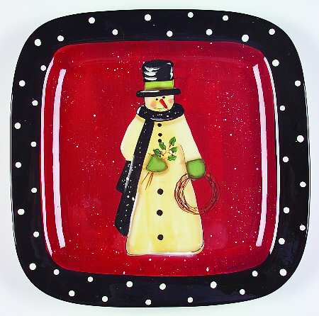 Folk Snowman 16" Square Serving Platter