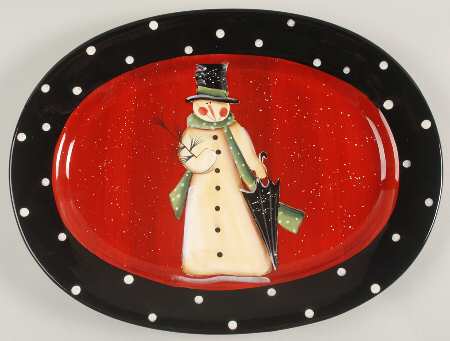 Folk Snowman 16" Oval Serving Platter