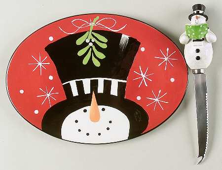 Holiday Snowman Oval Cheese Plate with Knife