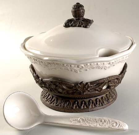 Renaissance Ivory Tureen & Lid W/Ladle & Metal Stand