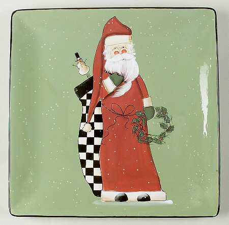 Folk Santa (Sage Background) 13" Square Serving Platter