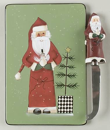 Folk Santa (Sage Background) 2 Piece Cheese Dish and Knife Set
