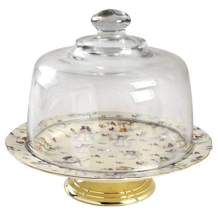 Snowman Cream 6 1/2"-7 1/2" Footed Cheese Plate w/ Glass Dome HC