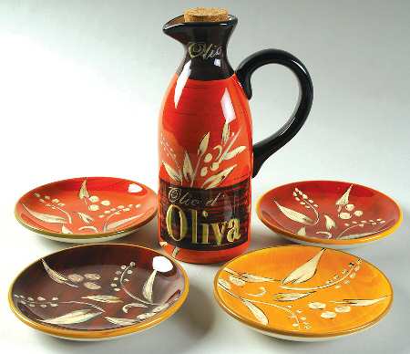 Cucina (Cheese, Wine, Olive Oil) (Oil Set) Jar with Cork Stopper &4 Motif Dip Bowls