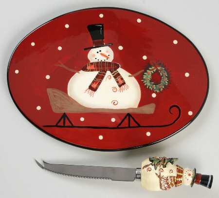 Sledding Snowman Oval Cheese Plate with Knife