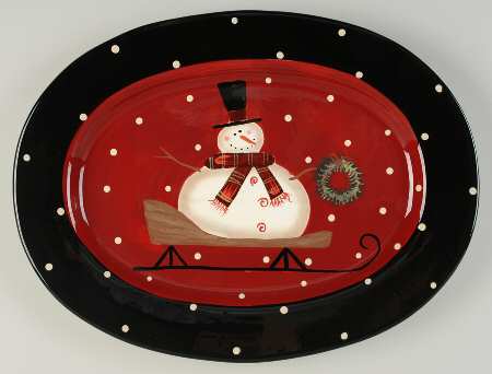 Sledding Snowman 16" Oval Serving Platter