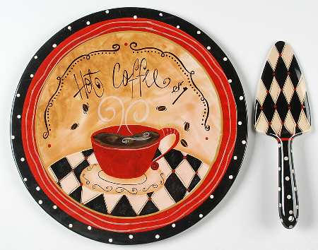Coffee Cafe Cake Plate & Solid Ceramic Server Set (No Box)