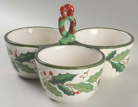 Victorian Christmas 3-Part Relish with Center Ceramic Handle