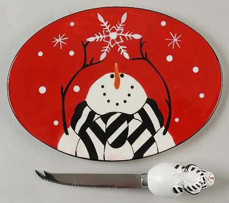 Snowflake Snowman 2 Piece Cheese Dish and Knife Set