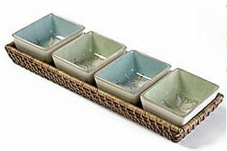 Belle Isle (5 Pc) Condiment Set W/ 4 Bowls & Wicker Tray
