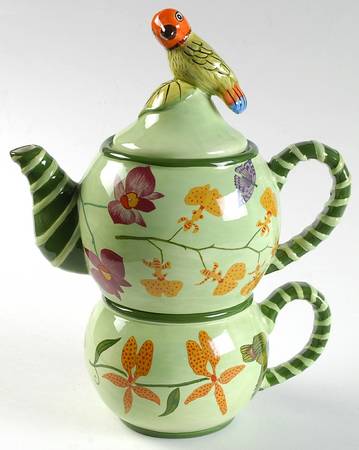 Parrotdise (Earthenware) Individual Teapot & Lid with Cup