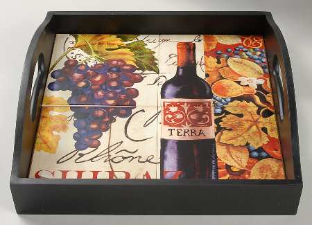 Wine Tour Square Wood Tray with Tile Insert