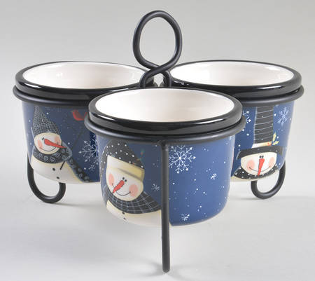 Snow Pals Blue Condiment Bowl - Set of 3 Motifs & Metal Stand
