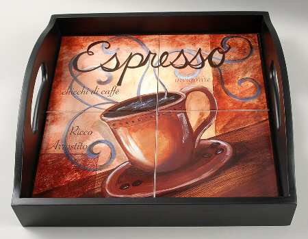 Le Caffe Rectangular Wood Tray with Tile Insert