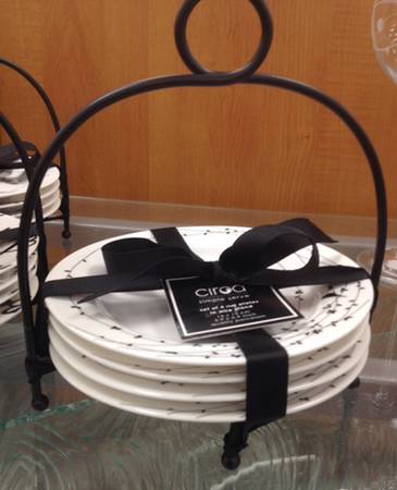 Oiseau Black Appetizer Plate & Metal Stand - Set of 4