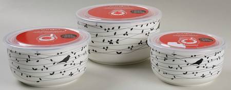 Oiseau Black (Set of 3) Round Plastic Microwave Bowl w/Vent Lid