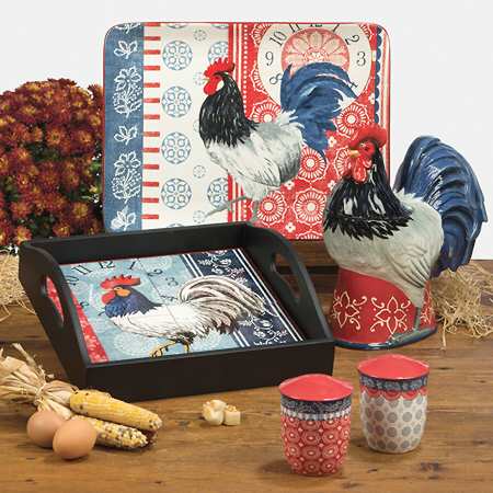 Americana Rooster Square Wood Tray with Tile Insert