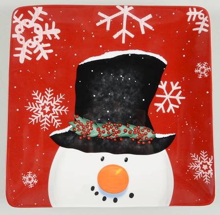 Top Hat Snowman (Red) Square Dinner Plate