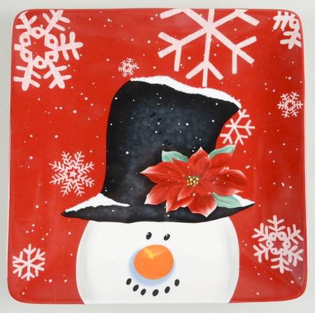 Top Hat Snowman (Red) Square Dinner Plate