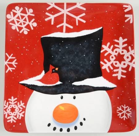 Top Hat Snowman (Red) Square Dinner Plate