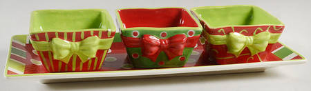 Christmas Presents Condiment Set - Set of 3 Motif Bowls with Tray