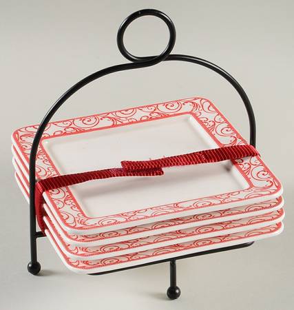 Veluto Red Appetizer Plate - Set of 4 & Metal Stand