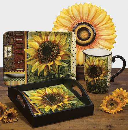 Vintage Sunflower Square Wood Tray with Tile Insert
