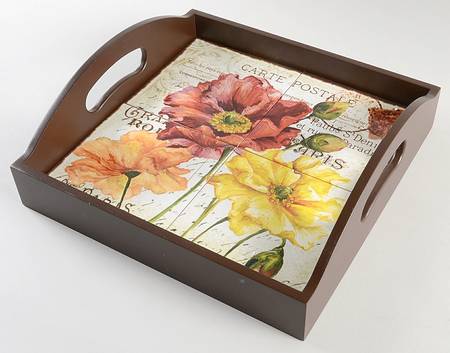 Le Fleur Poppies Square Wood Tray with Tile Insert
