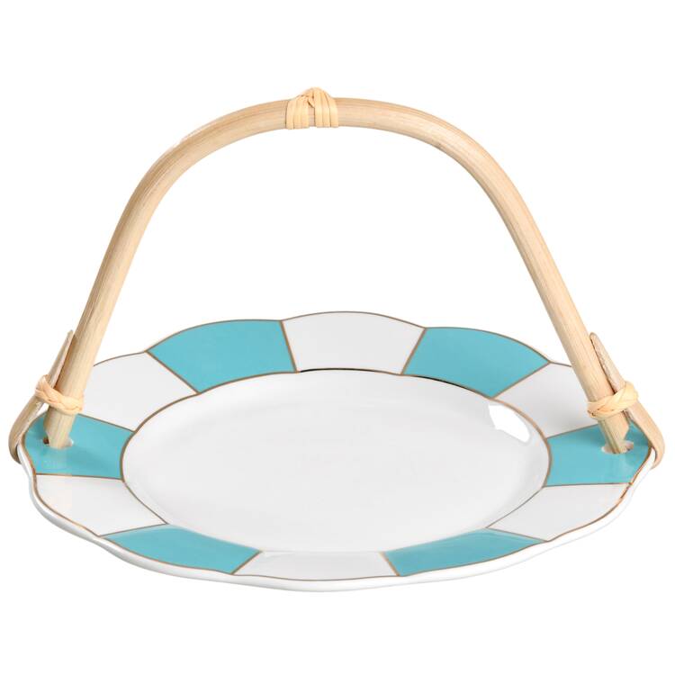 C6Y3 Turquoise 5 3/8"-5 5/8" Bamboo Handled Serving Plate  HC