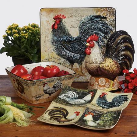Vintage Rooster 1 Piece 4 Part Square Server