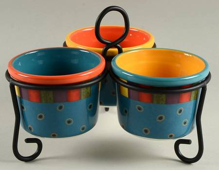 Salsa Condiment Bowl - Set of 3 Motifs & Metal Stand