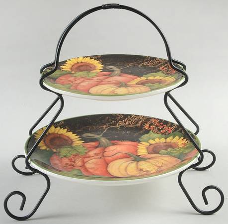 Botanical Harvest 2 Tier Server Plates & Metal Stand