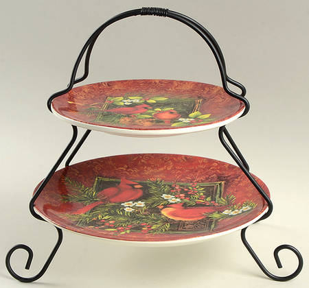 Christmas Cardinals 2 Tier Server Plates & Metal Stand