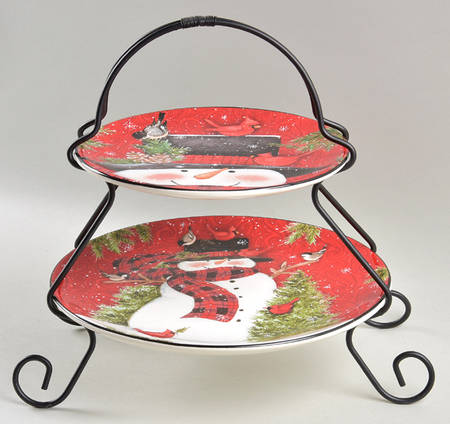 Winter's Plaid 2 Tier Server Plates & Metal Stand