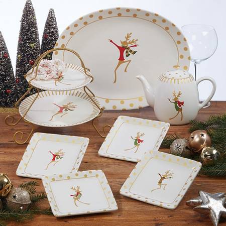 Gold Dancing Reindeer Square Canape Plate