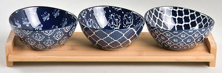 Blue Indigo Condiment Set - Set of 3 Motif Bowls with Tray